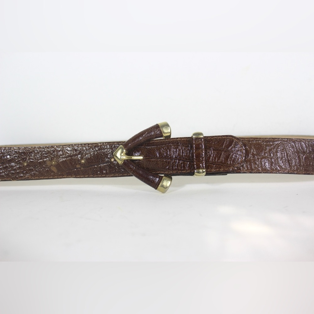 Glossy Croc Embossed Texture Print Cognac Caramel Brown Leather Belt Alligator